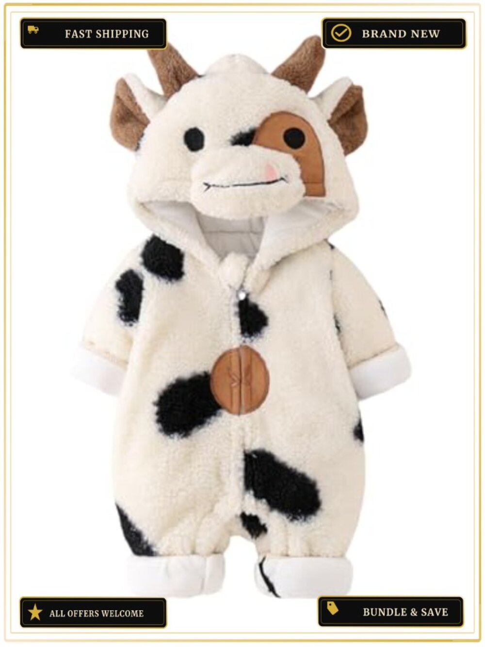 Toddler Halloween Animal Costume Fuzzy Warm Hooded Romper Zip-Up Jumpsuit